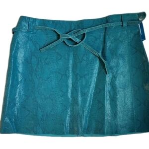 Y2K Express Turquoise LEATHER Snake Print Wrap Mini Skirt 7/8